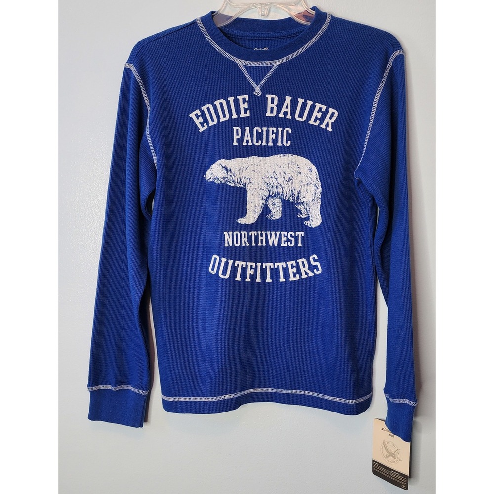 Eddie Bauer Kids Thermal Shirt Large Cobalt Blue Polar Bear Graphic NWT